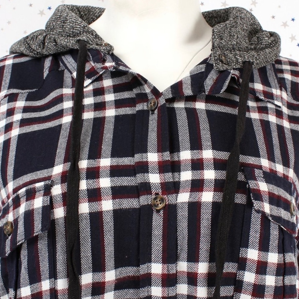 Removable Hood Flannel Plaid Button Up Shirt 3XL
